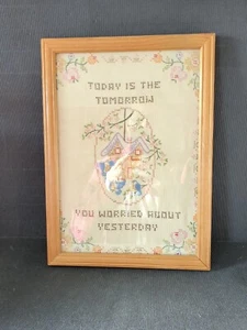 VINTAGE FRAMED & GLAZED COTTON EMBROIDERED TAPESTRY WITH BLUEBIRDS & OLD SAYING - Picture 1 of 5