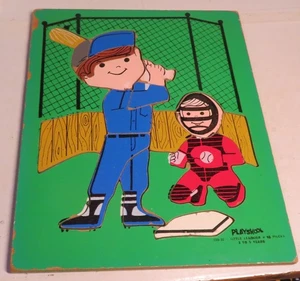 Vintage Playskool Puzzle Little Leaguer Holzpuzzle komplett 16 Teile Holztablett - Bild 1 von 8
