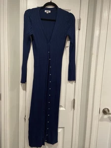 525 Size XS Blue Button Down Wide Rib Knit Duster Cardigan Dress Soft Stretch - Picture 1 of 10