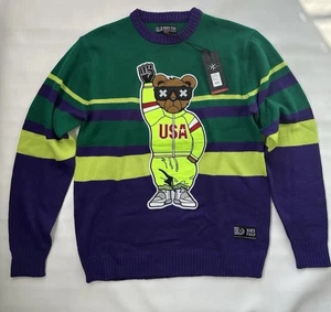 Schwarz Hecht Bär farbig gestreift USA Sonnenbrille Pullover Herren L lila neon neu mit Etikett $ 58 - Bild 1 von 11