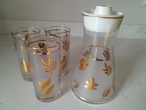 Vintage MCM Libbey Golden Foliage Gold Leaf Leaves Juice Carafe W/3 Glasses EUC - Picture 1 of 6