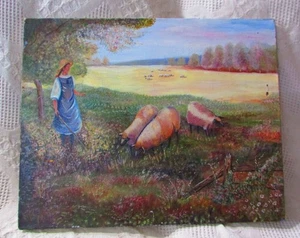 Pintura al óleo de niña pastoreando ovejas por Kay Williams - Imagen 1 de 5
