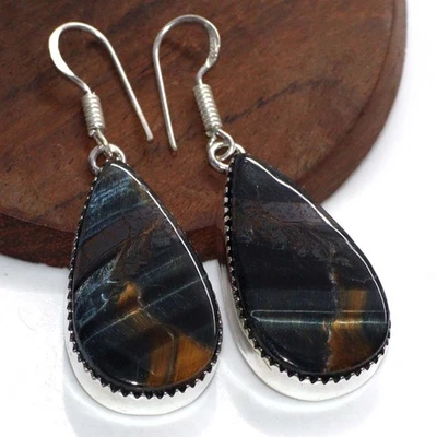 Excepcionales Pendientes Ojo de Tigre Negro Chapados en Plata 925 2" Regalo Único JW Foto 1 de 3