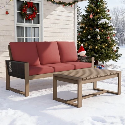 Sofá y mesa de centro de 2 piezas de muebles de patio de exterior de madera natural EAGLE PEAK Foto 1 de 4