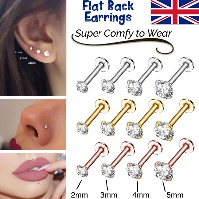 Cartilage Earrings Stud Gem Flat Disc Back Tragus Nose Helix Labret Piercing UK - Image 1 of 4