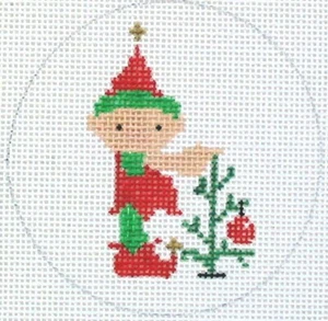 Elf with Tree Ornament Hand Painted Needlepoint Canvas - Picture 1 of 1