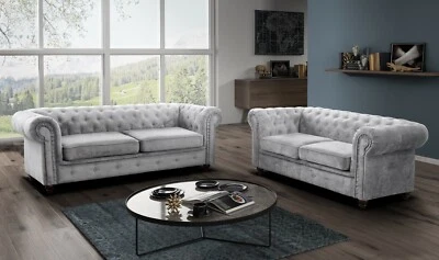 HANDMADE Chesterfield Fabric Grey Sofas 3 + 2 Seaters Sofa, Armchair Grey Free Delivery
