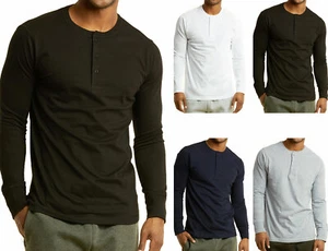 Men's Long Sleeve Henley 3 Button Pullover Cotton T-Shirt Crew Neck - Picture 1 of 9