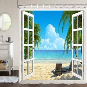 60X70 Teal Beach Scene Shower Curtain Tropical Summer Seaside Palm Tree - Picture 1 of 7