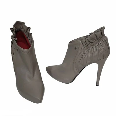 Cesare Paciotti Womens 39 Grey Leather Pointy Booties Ankle Ruffled Detail Italy - Image 1 of 4