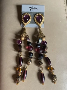 Gold Tone With Grape Garnet Color Beads 5 1/2” drop Post New On Card  By Rhea - Picture 1 of 6