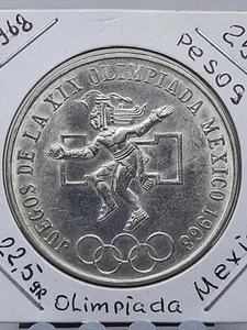 Moneda de Plata México 25 Pesos 1968 Conmemorativa XIX Juegos Olímpicos de Verano - Imagen 1 de 2