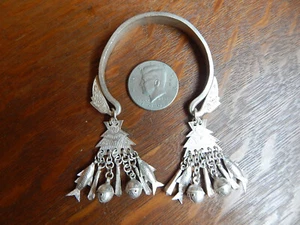Vintage Hmong Pure .999 Silver Tribal Cuff Bracelet Fish & Bells Hand Made - Picture 1 of 9