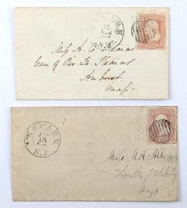 Dos cubiertas postales antiguas Scott #65 elegante cancelación Newark Nueva Jersey años 1860 - Imagen 1 de 4