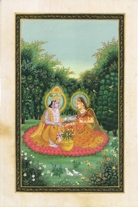 Pintura de escena de amor indio de Radha Krishna arte de amor en tela de seda 7x11 pulgadas - Imagen 1 de 5