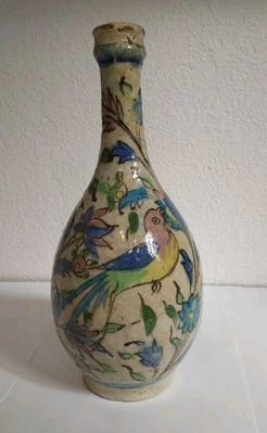 Antique Middle East Ceramic Painted Bottle w/Birds & Flowers-Blue Green & Pink - Image 1 of 4
