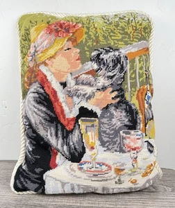 Vintage French Canvas Tapestry Accent Pillow Needlepoint Woman Embracing The Dog - Picture 1 of 8