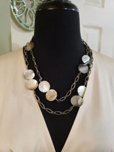 Silver MOTHER OF PEARL Round Disc Necklace, 20 - 22" 2-Strand, Textured Links - Picture 1 of 9
