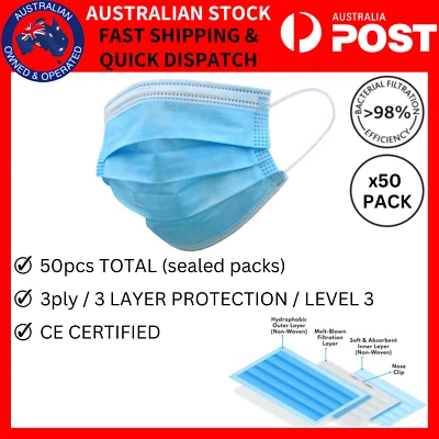 50Pcs 3 Ply 3 Layer Medical Surgical Disposable Face Mask Protective Face Masks - image 1 of 4