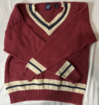 Suéter Gap Vintage Cuello en V Granate Azul Crema 100% Algodón Talla L Foto 1 de 4