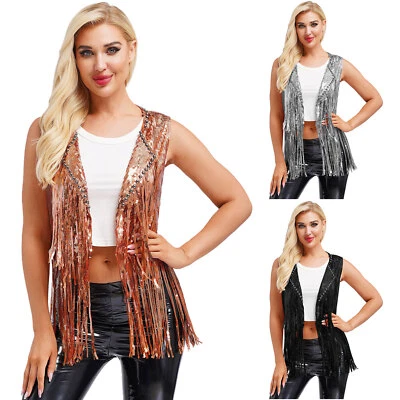 Women Waistcoat Sequin Vest Clubwear Shrug Stage Performance Coat Cowgirl Top - Image 1 of 3