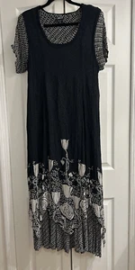 Maxi Vestido Vintage OLIVIA Bohemio Moda con Superposición~Rayón~Negro/Blanco Floral~M - Imagen 1 de 9