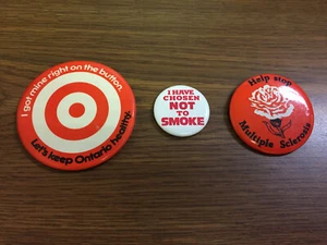 Vintage Lot of 3 Pinback Buttons Not to Smoke + Multiple Sclerosis + Ontario - Picture 1 of 2