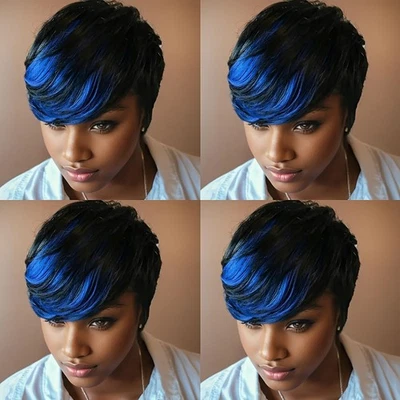 Fashion Short Black Pixie Wigs with Blue Highlight Bangs Halloween Cosplay Party - Image 1 of 4