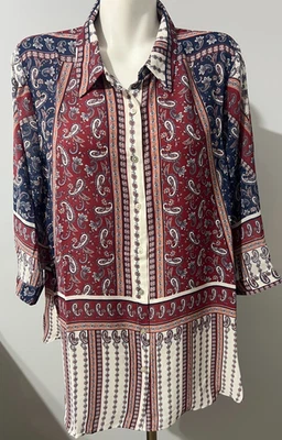 Rosa + Oliva Mujer 2X Azul Crema Borgoña Estampado Cachemira Abotonada Manga 3/4 Nuevo Foto 1 de 4