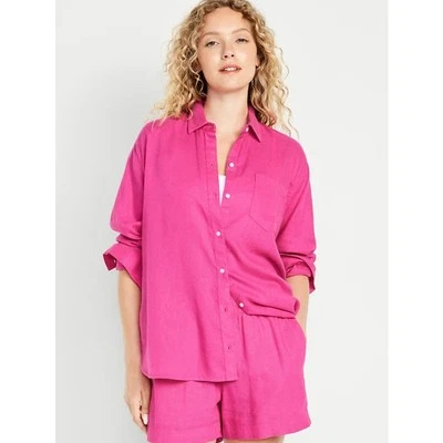 NWT Old Navy Women Linen Blend The Boyfriend Button Front Shirt Size L Tall Pink - Image 1 of 4