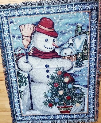 Northwest Company Snowman Christmas Tree Blanket Tapestry Fringe Country USA - Image 1 of 4
