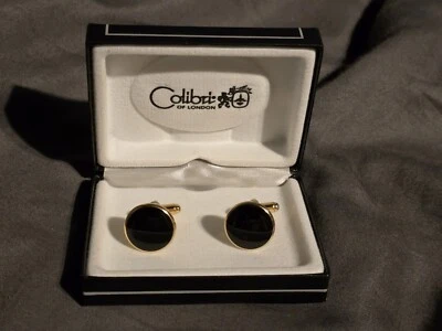 COLIBRI DESIGNER MENS CUFFLINKS GOLD TONE & ONYX VINTAGE NEW OLD STOCK  M1 - Image 1 of 3