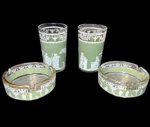 4 Vtg Jeanette Glass Ashtrays/Coasters & Small Glasses Sage Green Hellenic - Picture 1 of 12