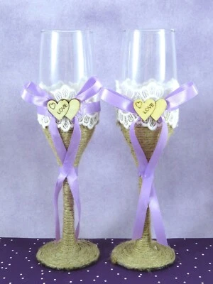 Hand Decorated Champagne Flutes Pair Wedding Toasting Lace Ribbon Twine Love - Image 1 of 4