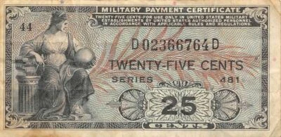  USA / MPC  25  Cents  1948  Series  481  Plate  44  Circulated banknote M7 - Image 1 of 2