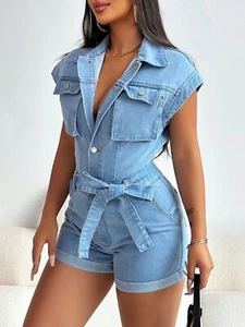 Tie Waist Cap Sleeve Denim Romper XL Casual Summer Spring Bodycon - Picture 1 of 5