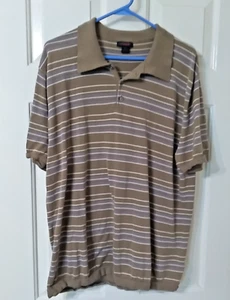 Express Polo Shirt Men L/XL Tan/Cream/Blue Stripe Knit 100% Cotton Short Sleeve - Picture 1 of 6
