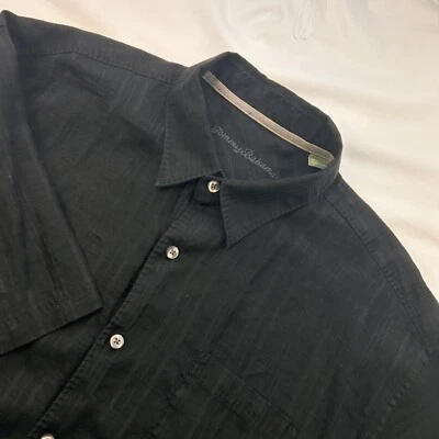 Tommy Bahama Men Black on Black Madras Linen Short Sleeve Button Down Shirt XL - Image 1 of 4