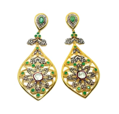 Echter Smaragd Edelstein Pflastern Polki Diamant 925 Sterlingsilber Schmuck - Bild 1 von 3