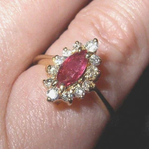 Gorgeous Top Quality Marquise RUBY & 1/3ctw of DIAMONDS 14K Yellow Gold Ring - Picture 1 of 6