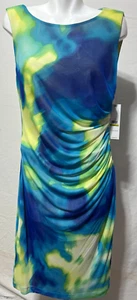 Calvin Klein 14 XL 1X Women Ruched Mesh Midi Dress Blue Yellow Lined New NWT - Picture 1 of 8