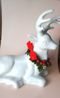 Vintage Christmas Figurine - WHITE CERAMIC REINDEER w/HOLLY & BERRY WREATH