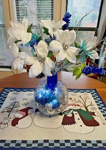 Christmas Arrangement with Crystal Bowl, Cup, Flowers with Lights Backdrops Blue - Picture 1 of 7