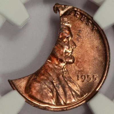 1955 NGC MS63RD Huge 45% Curved Clip 1.8 Gram Wheat Cent Mint Error Super Rare - Image 1 of 4
