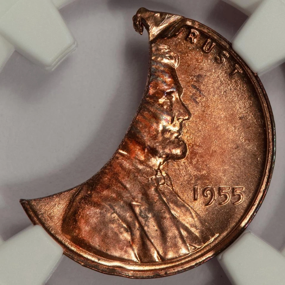 1955 NGC MS63RD Huge 45% Curved Clip 1.8 Gram Wheat Cent Mint Error Super Rare - Image 1 of 4
