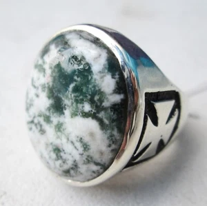 Anillo de colección de plata esterlina y musgo natural ágata templario cruz ciclista talla 9,75 - Imagen 1 de 5