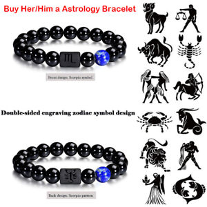 12 Horoscope Couple Bracelet Sign Black Onyx Beaded Constellations for Men Women