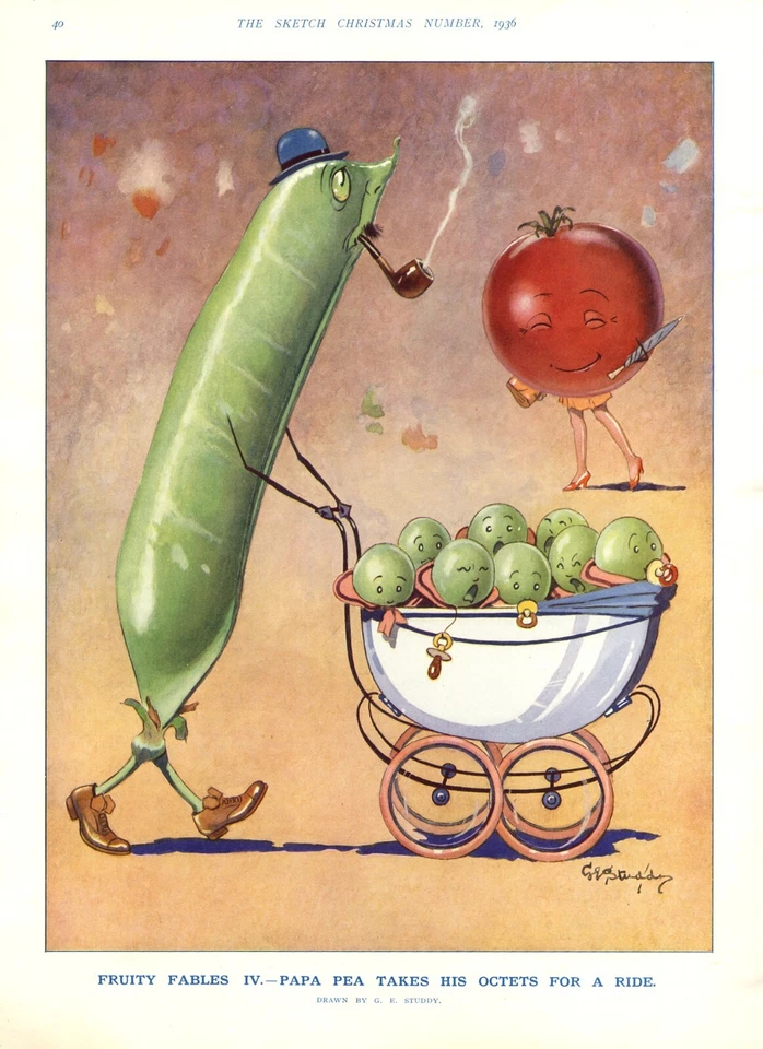 Herr Erbse geht mit seinem Oktett spazieren Kunstdruck 1936 Kinderwagen Baby - Bild 1 von 1