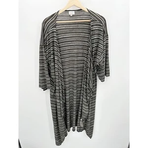 LuLaRoe Sweater Women MEDIUM Green Grey Striped Open Front Stretch Cardigan  - Picture 1 of 8