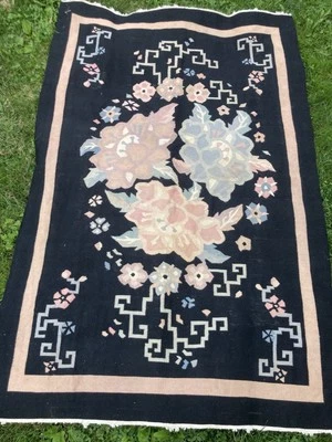 Vintage Art Deco Chinese Woven Peking Rug  48X72 Black Floral - Image 1 of 4